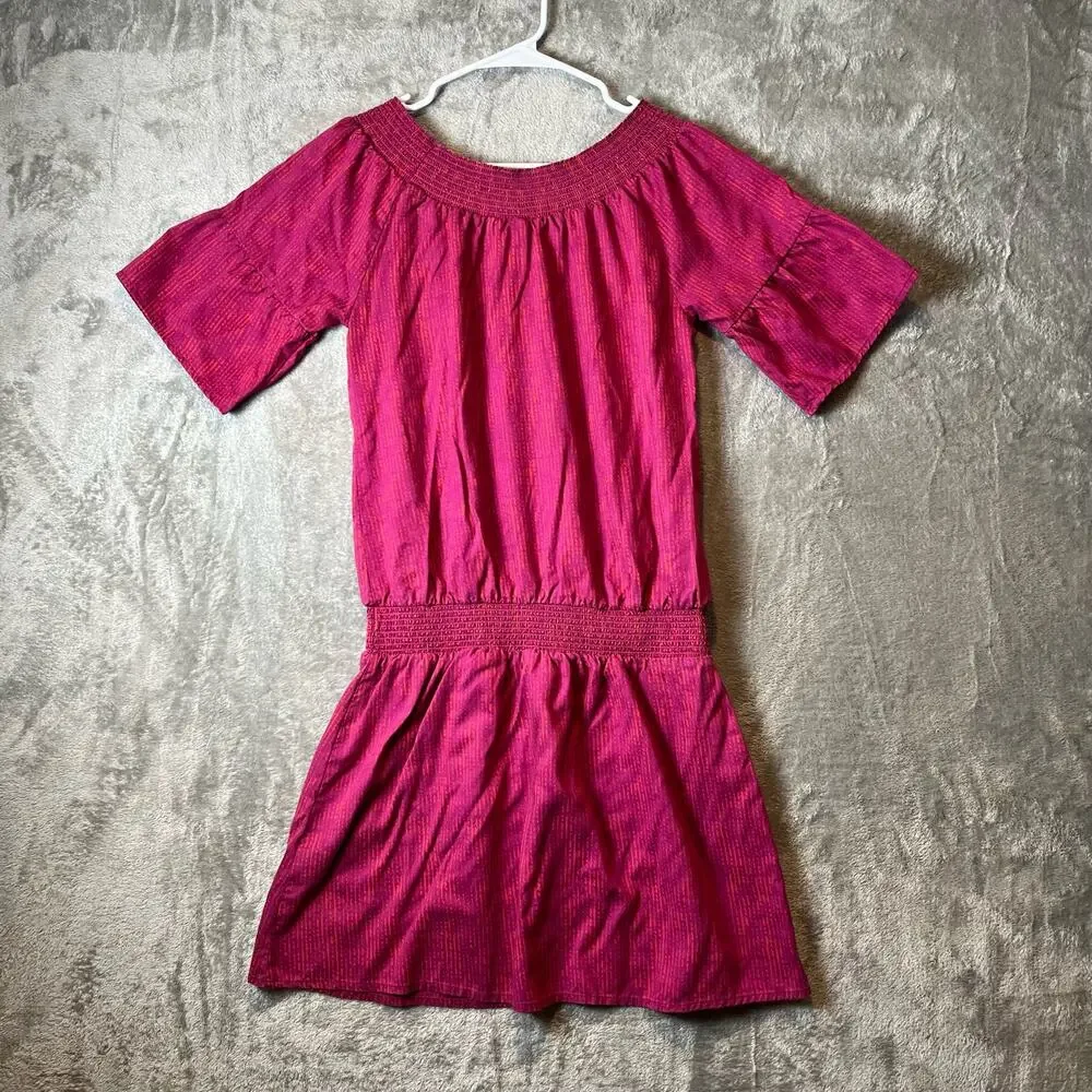 prAna Sz Small Lenora Off-Shoulder Drop Waist Dress Pink‎ & Purple Sprinkle
